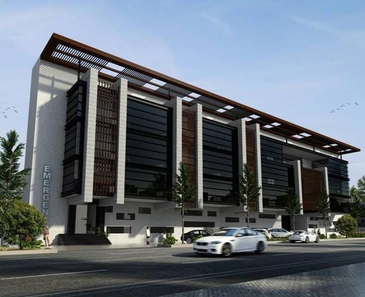 Architect's render of a multi-storey glass and timber building on a main road